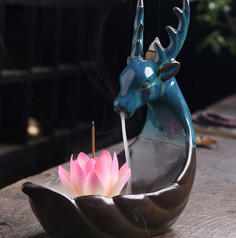 Buddha Stones Piccolo Cervo Ceramica Loto Meditazione Bruciatore Incenso Decorazione - Image 4