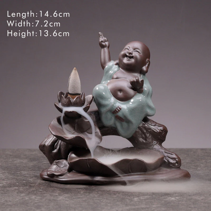 Buddha Stones Piccolo Monaco Ceramica Loto Benedizione Bruciatore Incenso Decorazione - Image 7