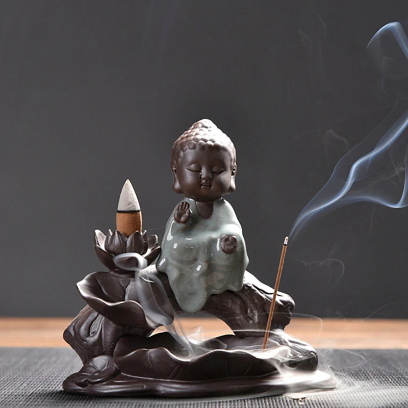 Buddha Stones Piccolo Monaco Ceramica Loto Benedizione Bruciatore Incenso Decorazione - Image 8