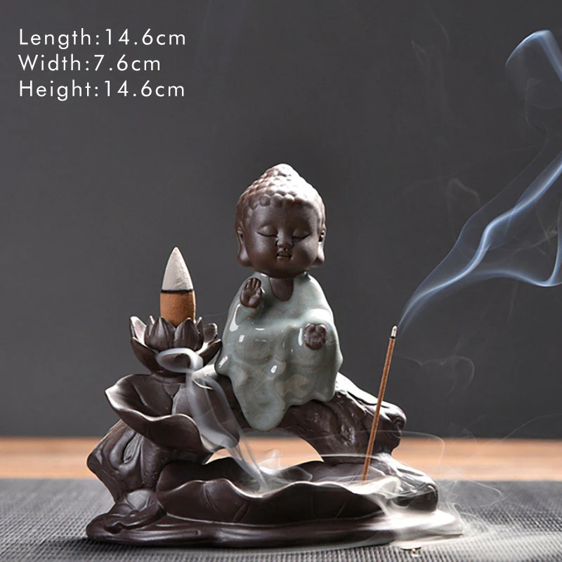Buddha Stones Piccolo Monaco Ceramica Loto Benedizione Bruciatore Incenso Decorazione - Image 9