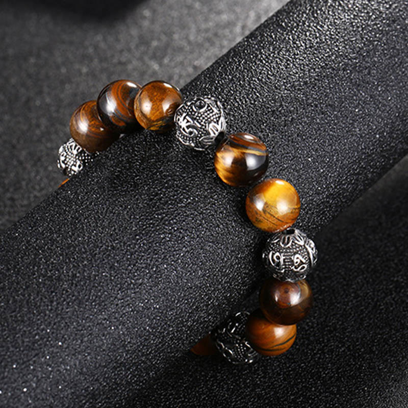 Buddha Stones Pietra lavica naturale Occhio di tigre Acciaio al titanio Braccialetto curativo Om Mani Padme Hum delle sei vere parole - Image 10