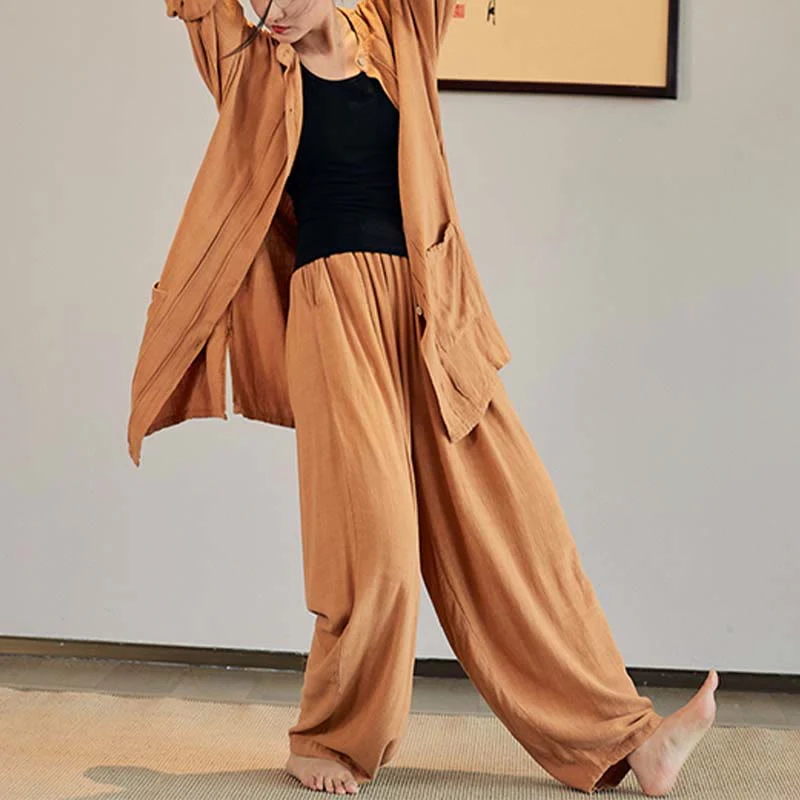 Buddha Stones Plain Long Sleeve Coat Jacket Top Pantaloni a gamba larga Zen Tai Chi Yoga Meditazione Abbigliamento - Image 26
