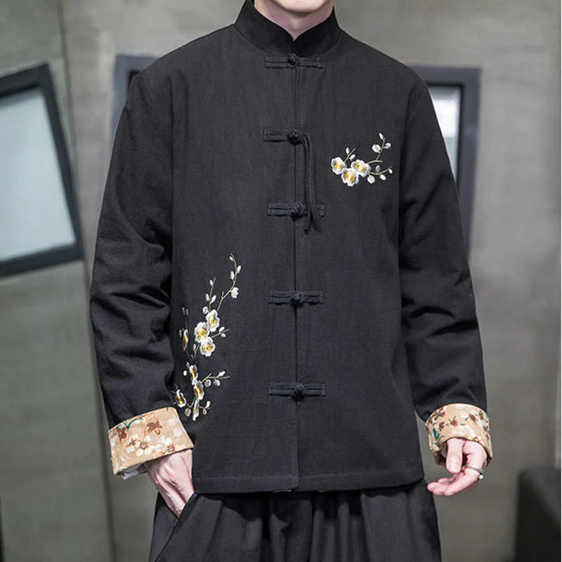Buddha Stones Plum Blossom Ricamo Polsino Fiore Design Rana-bottoni Tang Suit Cotone Lino Giacca Camicia Uomo