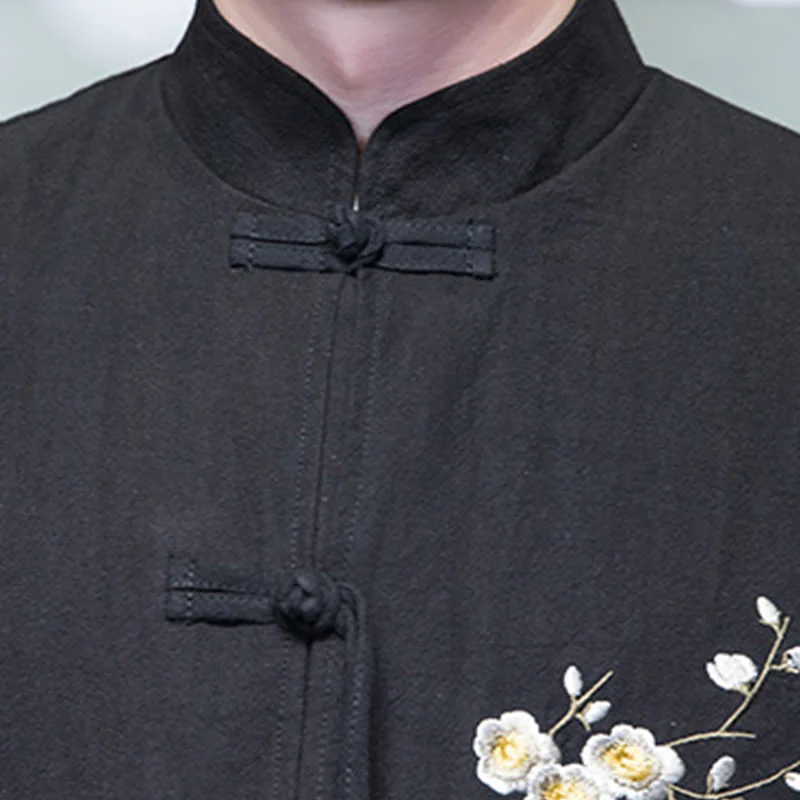 Buddha Stones Plum Blossom Ricamo Polsino Fiore Design Rana-bottoni Tang Suit Cotone Lino Giacca Camicia Uomo - Image 10