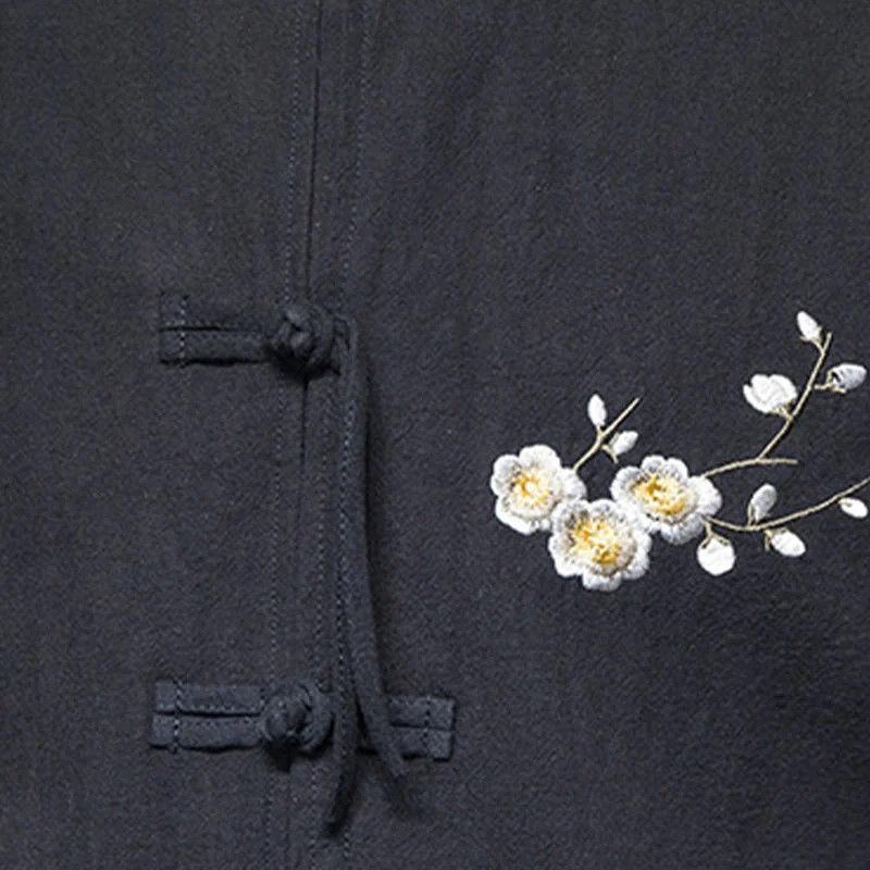 Buddha Stones Plum Blossom Ricamo Polsino Fiore Design Rana-bottoni Tang Suit Cotone Lino Giacca Camicia Uomo - Image 11