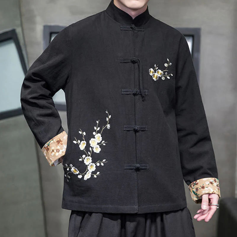 Buddha Stones Plum Blossom Ricamo Polsino Fiore Design Rana-bottoni Tang Suit Cotone Lino Giacca Camicia Uomo - Image 6