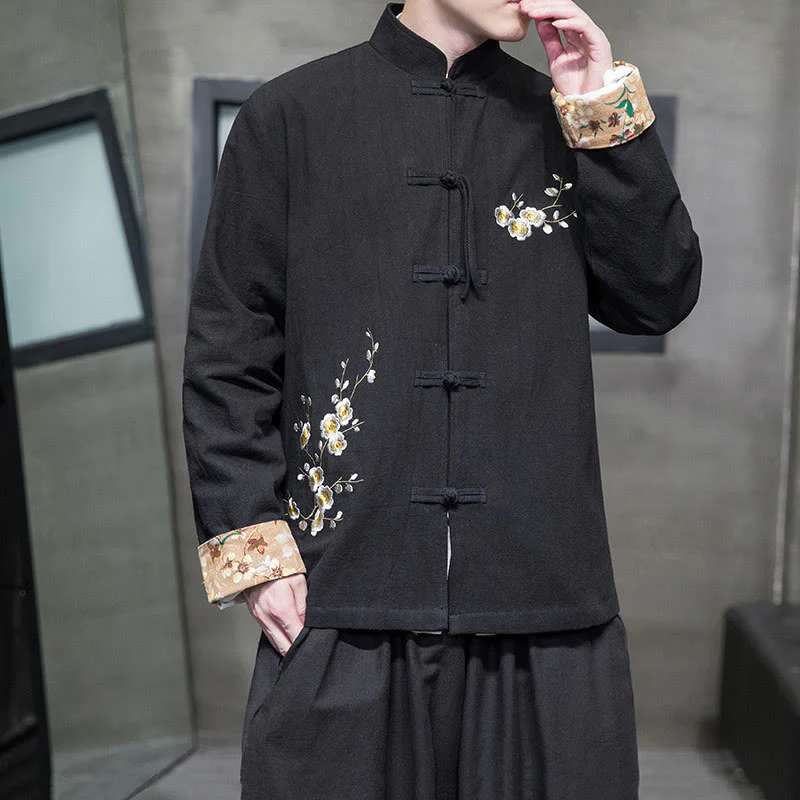Buddha Stones Plum Blossom Ricamo Polsino Fiore Design Rana-bottoni Tang Suit Cotone Lino Giacca Camicia Uomo - Image 8