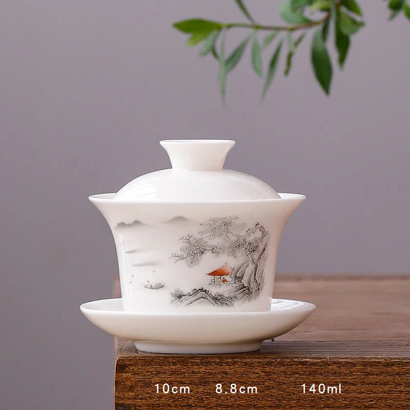 Buddha Stones porcellana bianca paesaggio di montagna campagna ceramica gaiwan tazza da tè kung fu tazza da tè e piattino con coperchio - Image 24