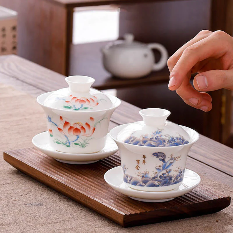 Buddha Stones porcellana bianca paesaggio di montagna campagna ceramica gaiwan tazza da tè kung fu tazza da tè e piattino con coperchio - Image 34