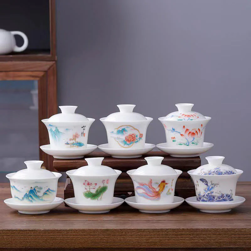 Buddha Stones porcellana bianca paesaggio di montagna campagna ceramica gaiwan tazza da tè kung fu tazza da tè e piattino con coperchio - Image 4