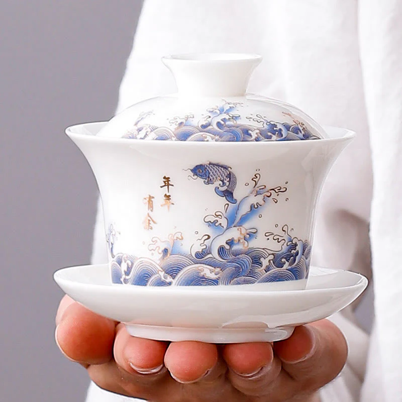 Buddha Stones porcellana bianca paesaggio di montagna campagna ceramica gaiwan tazza da tè kung fu tazza da tè e piattino con coperchio - Image 9