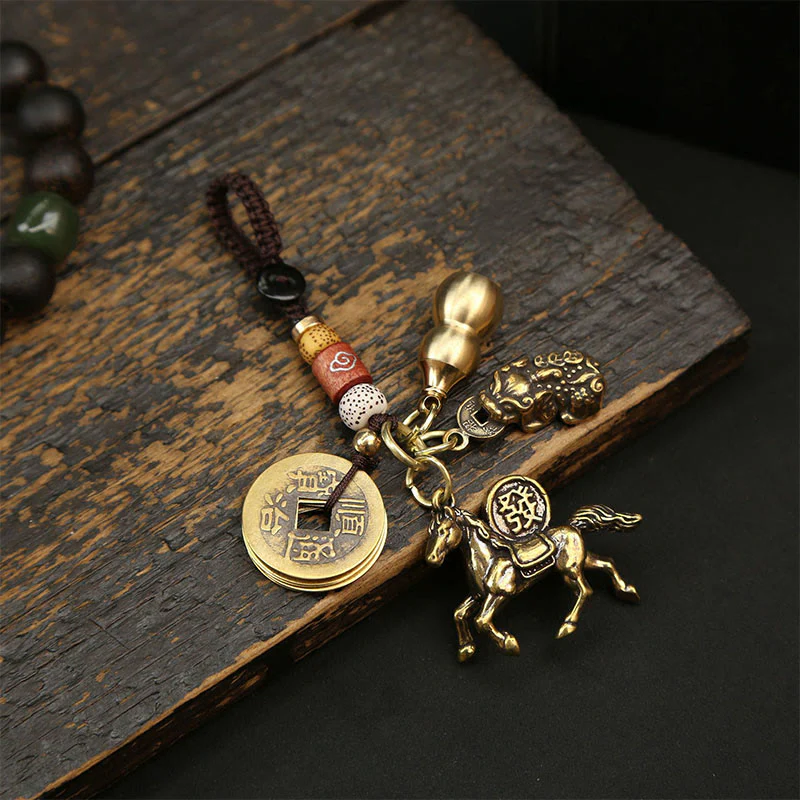 Buddha Stones Anno del Cavallo Rame Ottone Monete dei Cinque Imperatori Pixiu Portachiavi per Allontanare gli Spiriti Maligni - Image 8