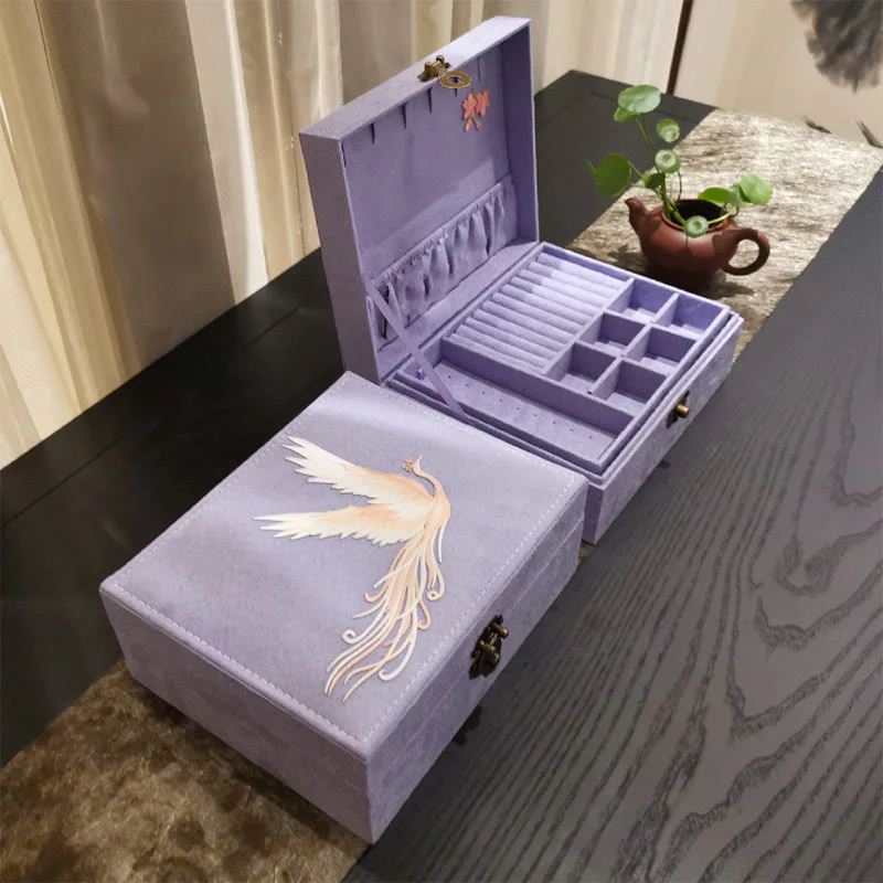 Buddha Stones Purple Phoenix Jewelry Box Organizer Scatola portaoggetti per gioielli a due strati Scatola di flanella