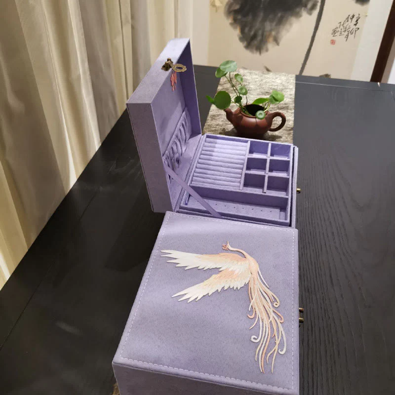 Buddha Stones Purple Phoenix Jewelry Box Organizer Scatola portaoggetti per gioielli a due strati Scatola di flanella - Image 15