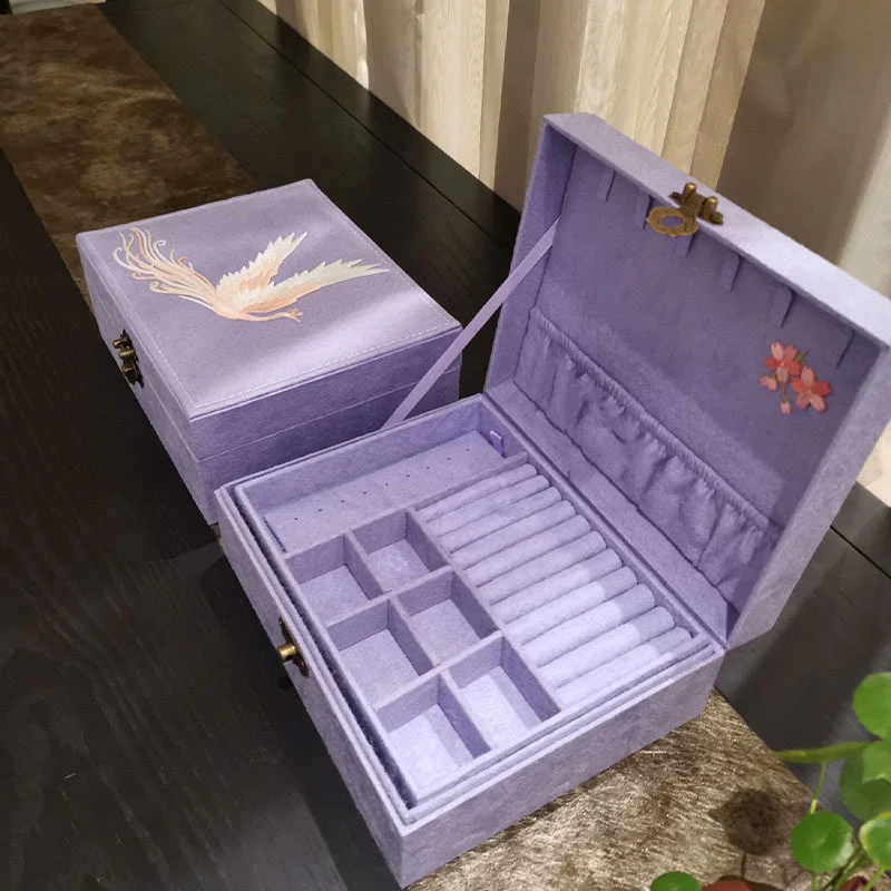 Buddha Stones Purple Phoenix Jewelry Box Organizer Scatola portaoggetti per gioielli a due strati Scatola di flanella - Image 6