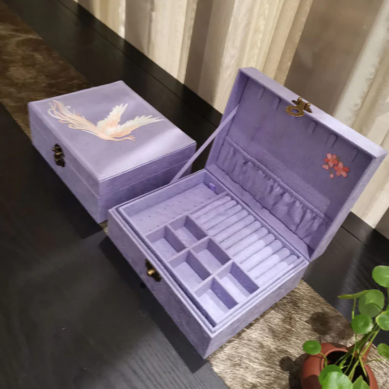 Buddha Stones Purple Phoenix Jewelry Box Organizer Scatola portaoggetti per gioielli a due strati Scatola di flanella - Image 8