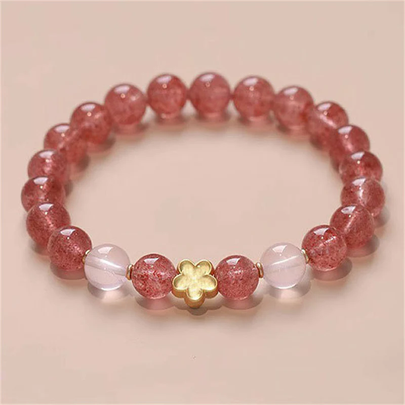 Buddha Stones Quarzo naturale fragola Fiore di pesco PiXiu Attrarre Fortuna Braccialetto curativo