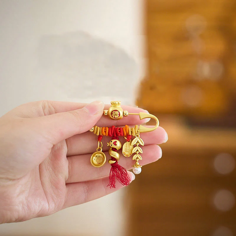 Buddha Stones Rame Anno del serpente Nappe Corda Spike Fu Bowl Lucky Fortune Borsa Spilla - Image 5