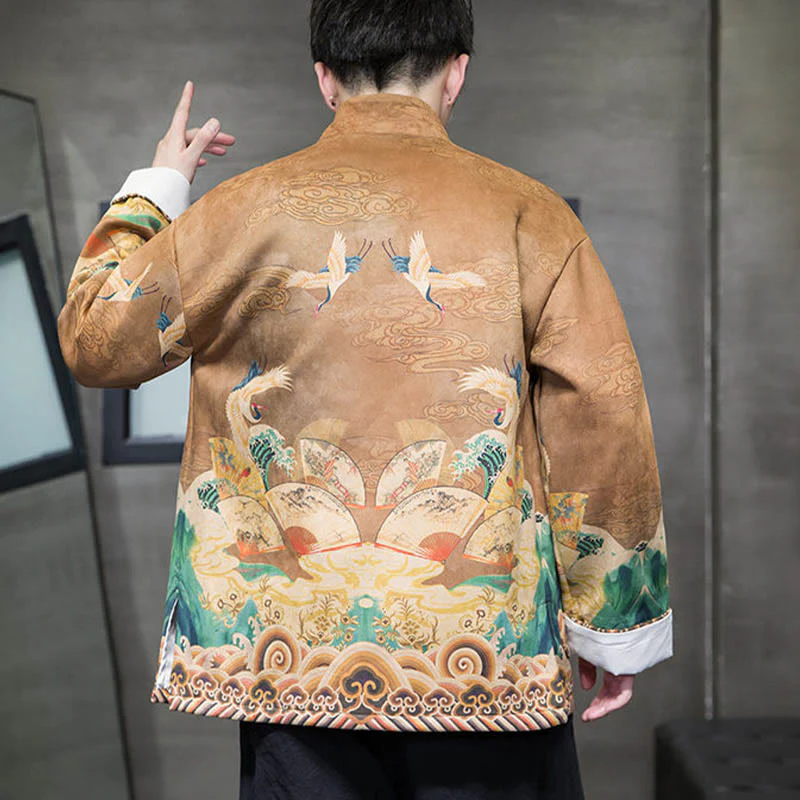 Buddha Stones Rana-Bottone Cinese Tang Suit Gru Personaggio Camicia Lunga Cotone Scamosciato Uomo Giacca Abbigliamento - Image 4