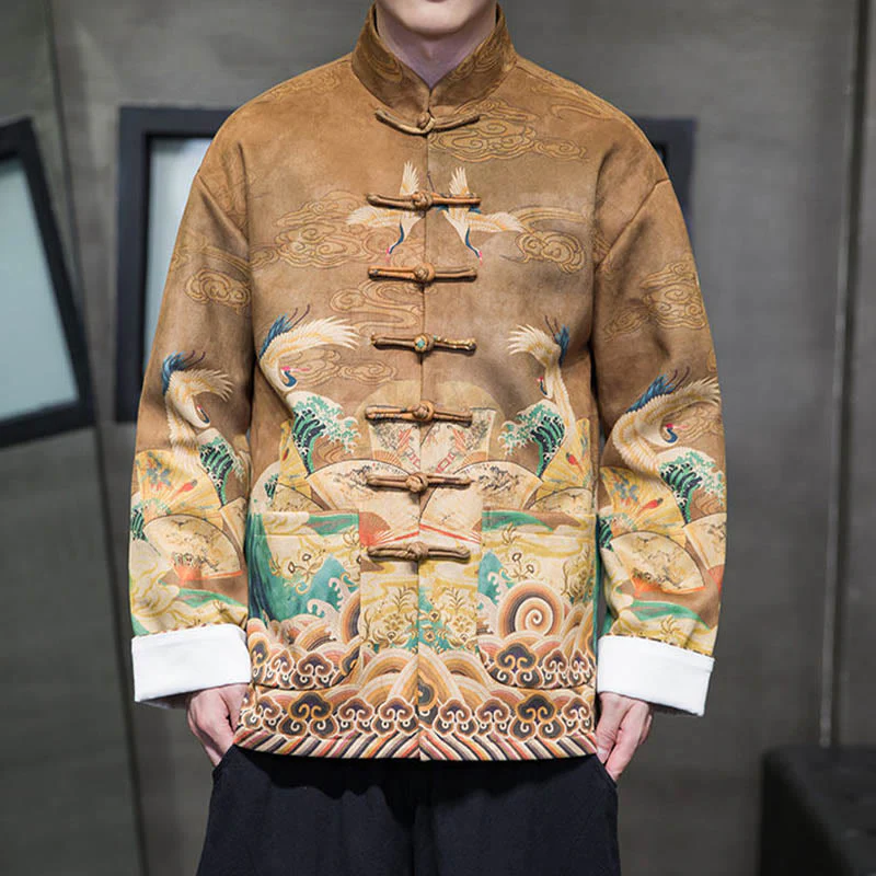 Buddha Stones Rana-Bottone Cinese Tang Suit Gru Personaggio Camicia Lunga Cotone Scamosciato Uomo Giacca Abbigliamento - Image 5