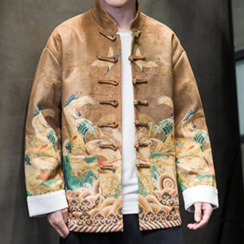 Buddha Stones Rana-Bottone Cinese Tang Suit Gru Personaggio Camicia Lunga Cotone Scamosciato Uomo Giacca Abbigliamento - Image 8