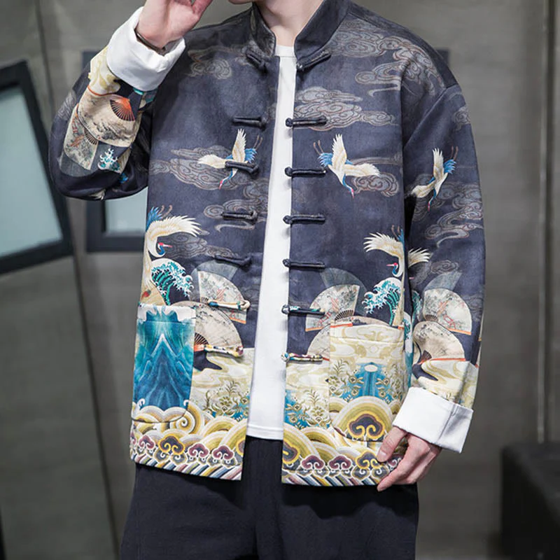 Buddha Stones Rana-Bottone Cinese Tang Suit Gru Personaggio Camicia Lunga Cotone Scamosciato Uomo Giacca Abbigliamento - Image 9