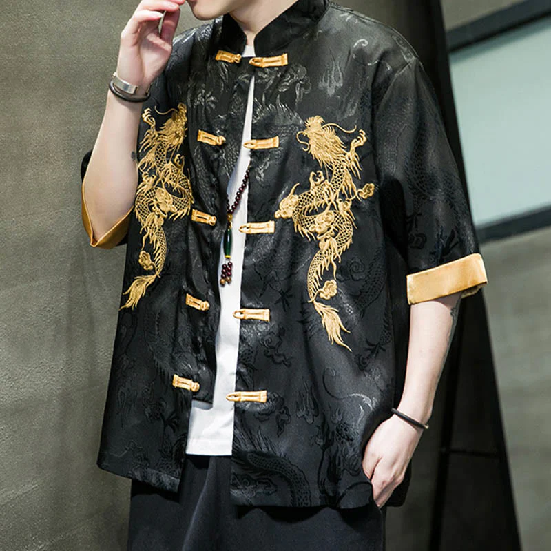 Buddha Stones Rana-Bottone Drago Cinese Ricamo Mezza Manica Camicia Lino Abbigliamento Uomo - Image 10
