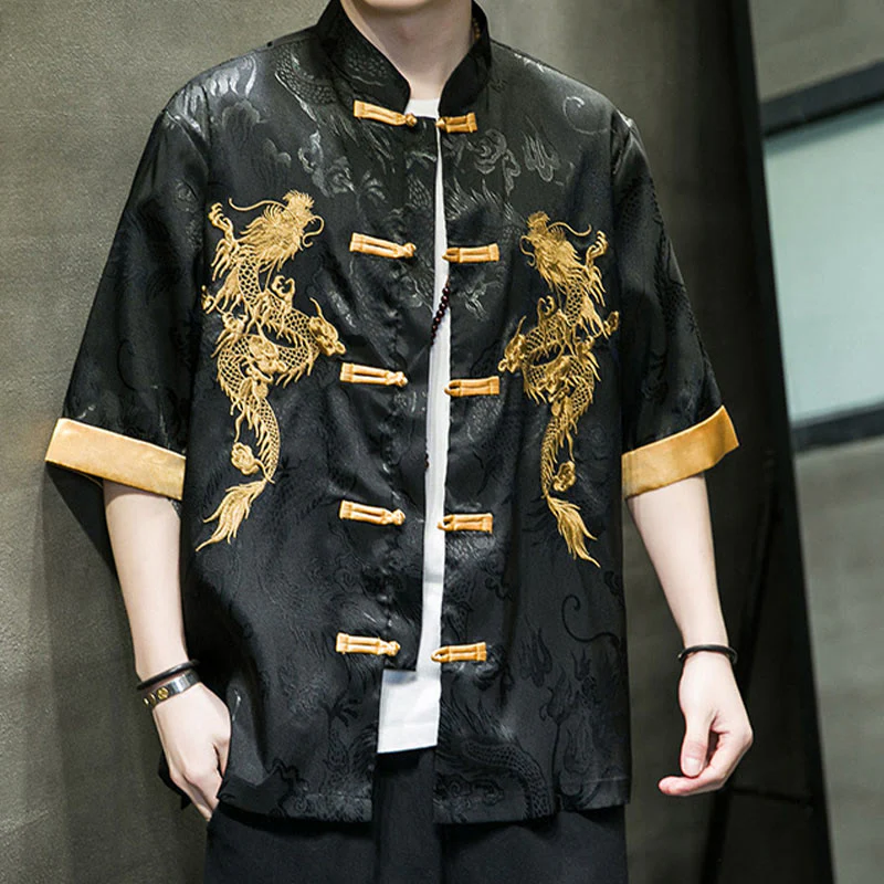 Buddha Stones Rana-Bottone Drago Cinese Ricamo Mezza Manica Camicia Lino Abbigliamento Uomo - Image 11