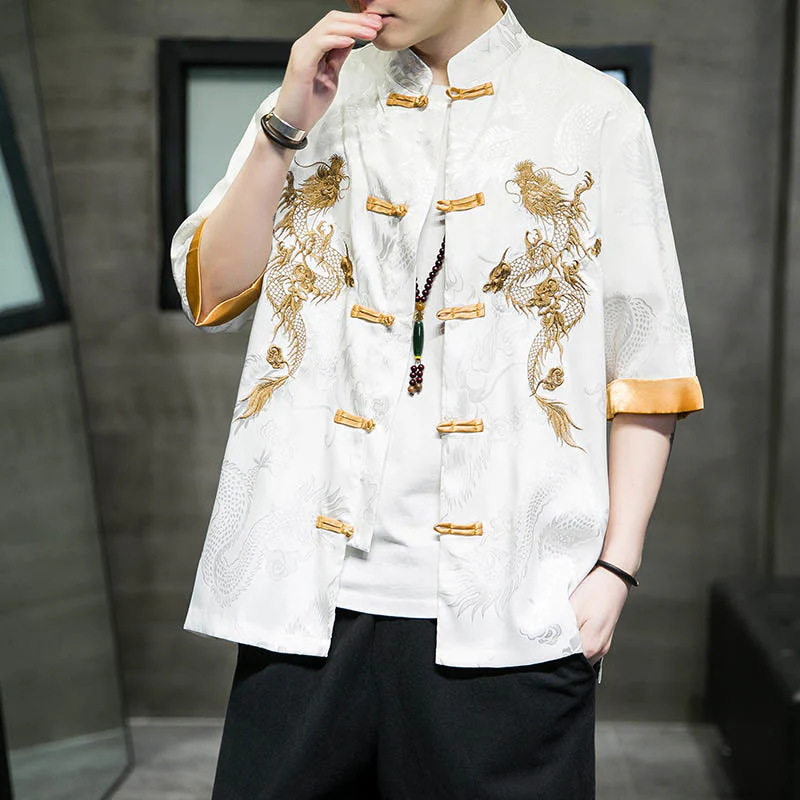 Buddha Stones Rana-Bottone Drago Cinese Ricamo Mezza Manica Camicia Lino Abbigliamento Uomo - Image 12