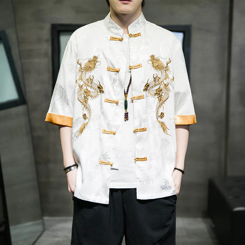 Buddha Stones Rana-Bottone Drago Cinese Ricamo Mezza Manica Camicia Lino Abbigliamento Uomo - Image 13