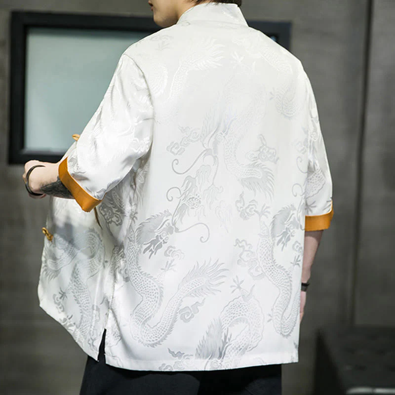Buddha Stones Rana-Bottone Drago Cinese Ricamo Mezza Manica Camicia Lino Abbigliamento Uomo - Image 14