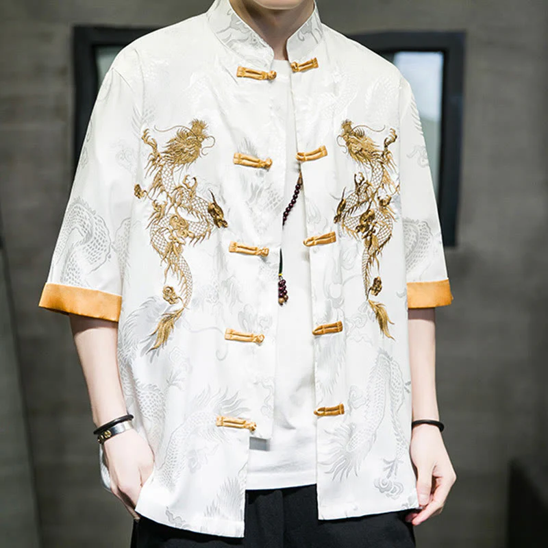 Buddha Stones Rana-Bottone Drago Cinese Ricamo Mezza Manica Camicia Lino Abbigliamento Uomo - Image 15
