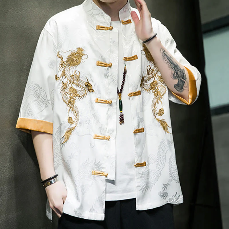 Buddha Stones Rana-Bottone Drago Cinese Ricamo Mezza Manica Camicia Lino Abbigliamento Uomo - Image 17