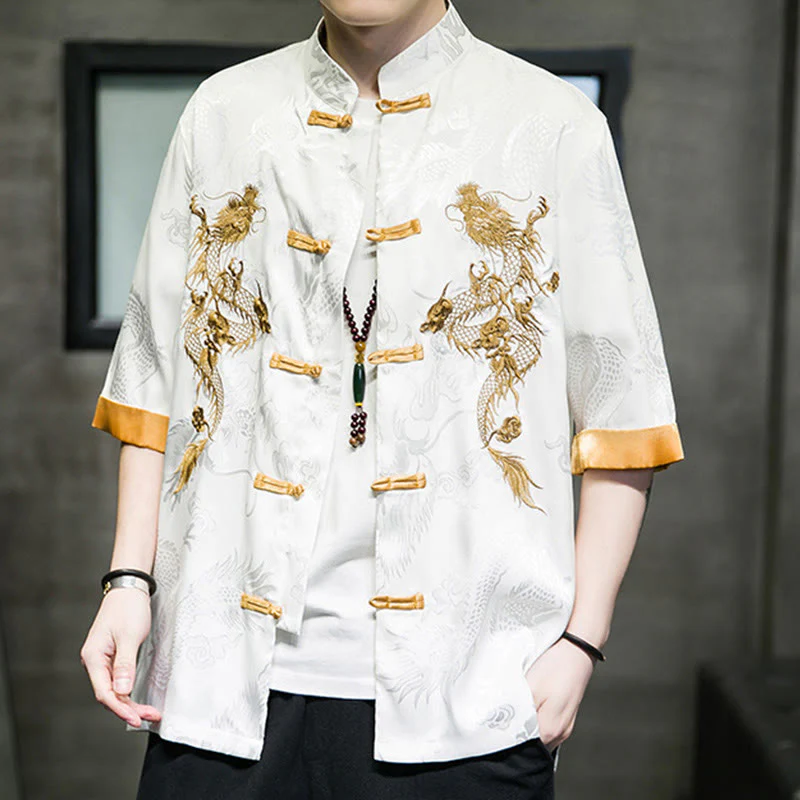 Buddha Stones Rana-Bottone Drago Cinese Ricamo Mezza Manica Camicia Lino Abbigliamento Uomo - Image 18