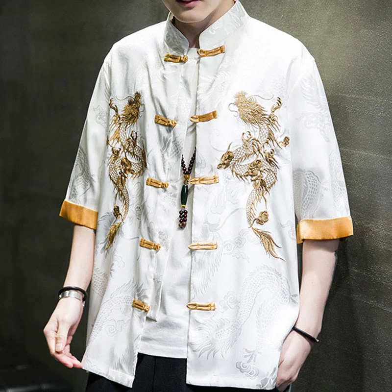 Buddha Stones Rana-Bottone Drago Cinese Ricamo Mezza Manica Camicia Lino Abbigliamento Uomo - Image 19
