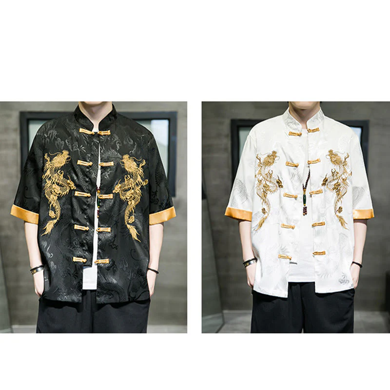Buddha Stones Rana-Bottone Drago Cinese Ricamo Mezza Manica Camicia Lino Abbigliamento Uomo - Image 20