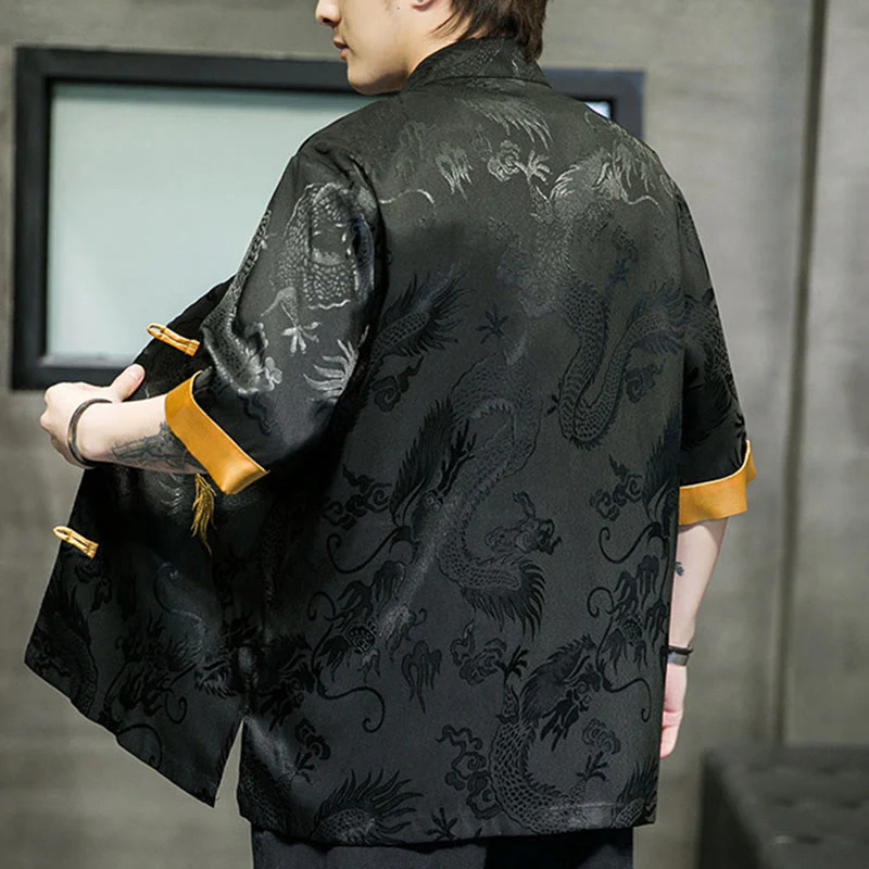 Buddha Stones Rana-Bottone Drago Cinese Ricamo Mezza Manica Camicia Lino Abbigliamento Uomo - Image 3