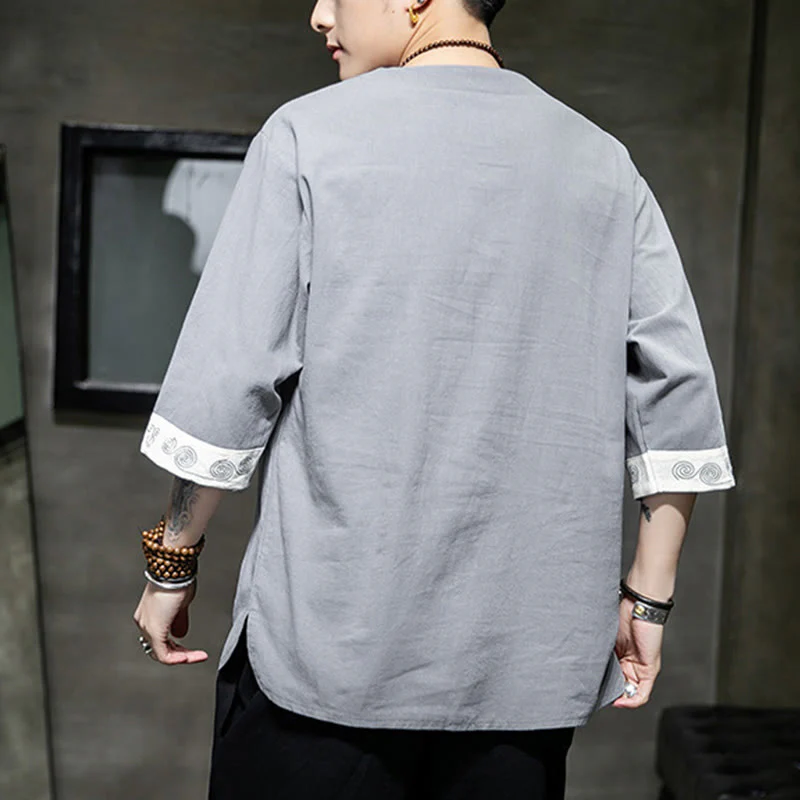 Buddha Stones Rana-Bottone Drago Ricamo Cinese Tang Suit Camicia Manica Tre Quarti Cotone Lino Abbigliamento Uomo - Image 15