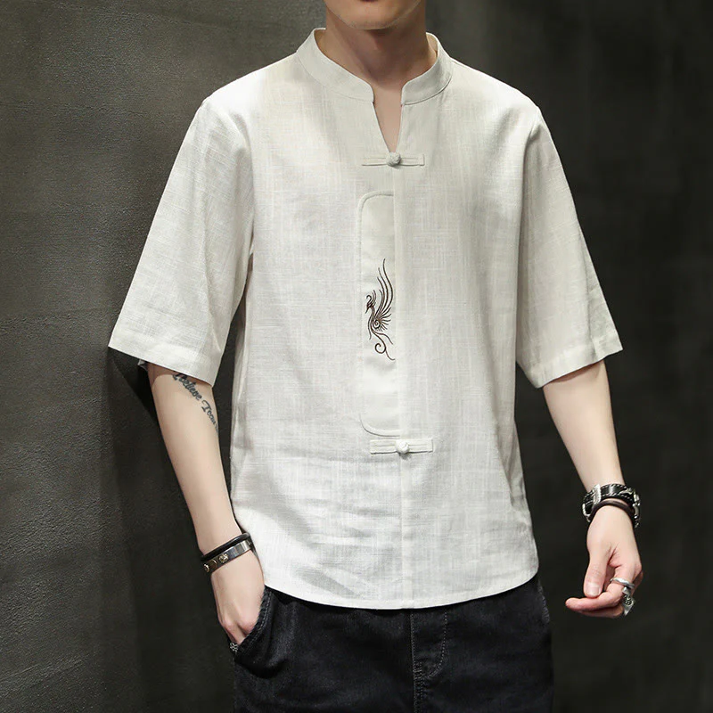 Buddha Stones Rana-Bottone Fenice Ricamo Cinese Tang Suit Camicia Manica Corta Cotone Lino Abbigliamento Uomo