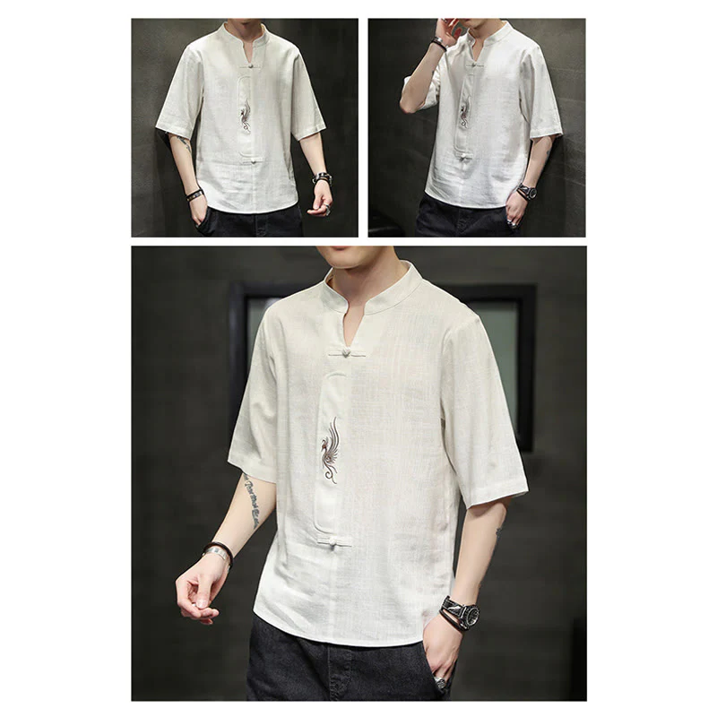 Buddha Stones Rana-Bottone Fenice Ricamo Cinese Tang Suit Camicia Manica Corta Cotone Lino Abbigliamento Uomo - Image 10