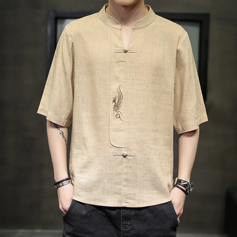 Buddha Stones Rana-Bottone Fenice Ricamo Cinese Tang Suit Camicia Manica Corta Cotone Lino Abbigliamento Uomo - Image 11