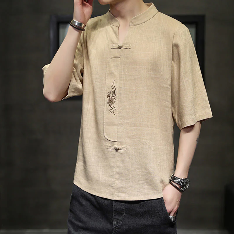 Buddha Stones Rana-Bottone Fenice Ricamo Cinese Tang Suit Camicia Manica Corta Cotone Lino Abbigliamento Uomo - Image 12