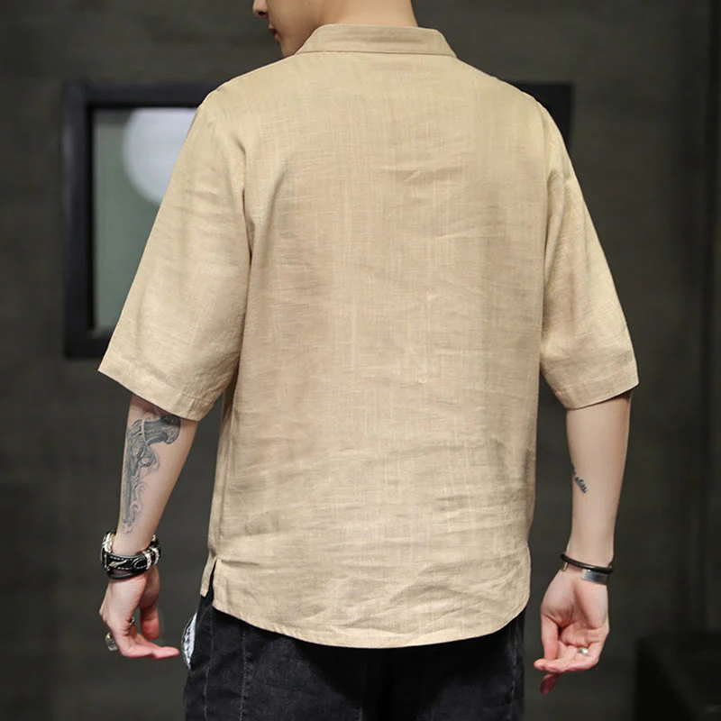 Buddha Stones Rana-Bottone Fenice Ricamo Cinese Tang Suit Camicia Manica Corta Cotone Lino Abbigliamento Uomo - Image 13