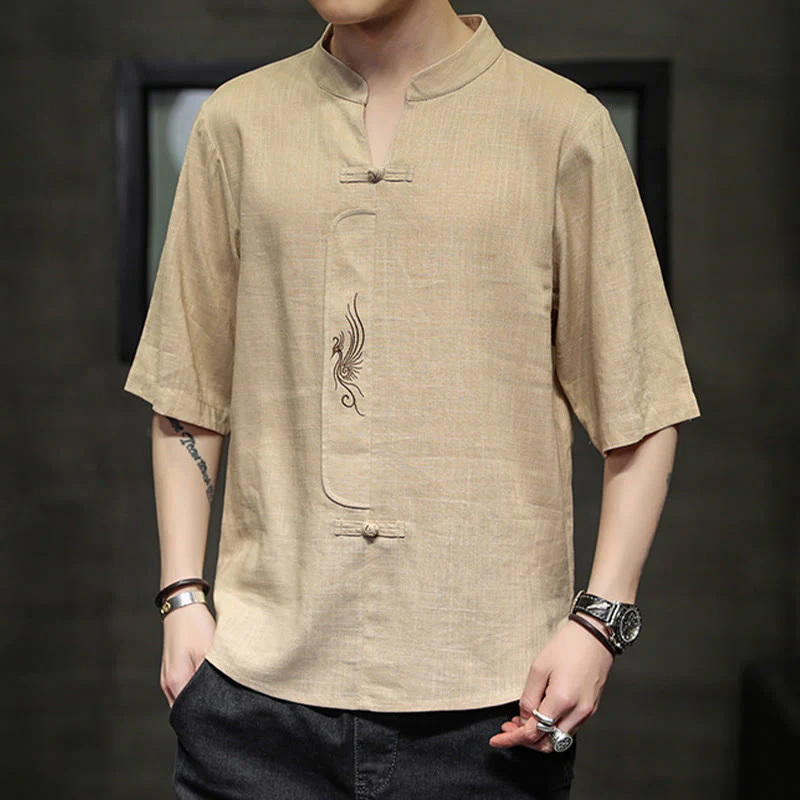 Buddha Stones Rana-Bottone Fenice Ricamo Cinese Tang Suit Camicia Manica Corta Cotone Lino Abbigliamento Uomo - Image 15