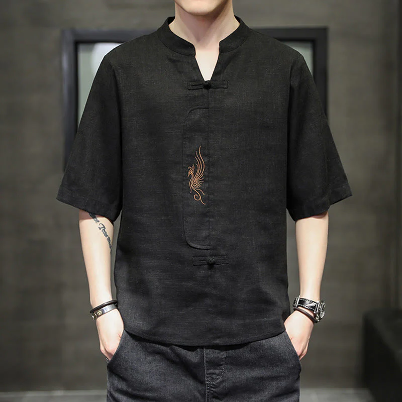 Buddha Stones Rana-Bottone Fenice Ricamo Cinese Tang Suit Camicia Manica Corta Cotone Lino Abbigliamento Uomo - Image 17