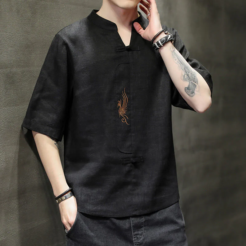 Buddha Stones Rana-Bottone Fenice Ricamo Cinese Tang Suit Camicia Manica Corta Cotone Lino Abbigliamento Uomo - Image 19