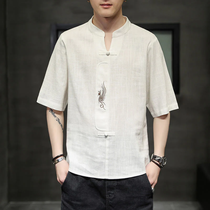 Buddha Stones Rana-Bottone Fenice Ricamo Cinese Tang Suit Camicia Manica Corta Cotone Lino Abbigliamento Uomo - Image 2