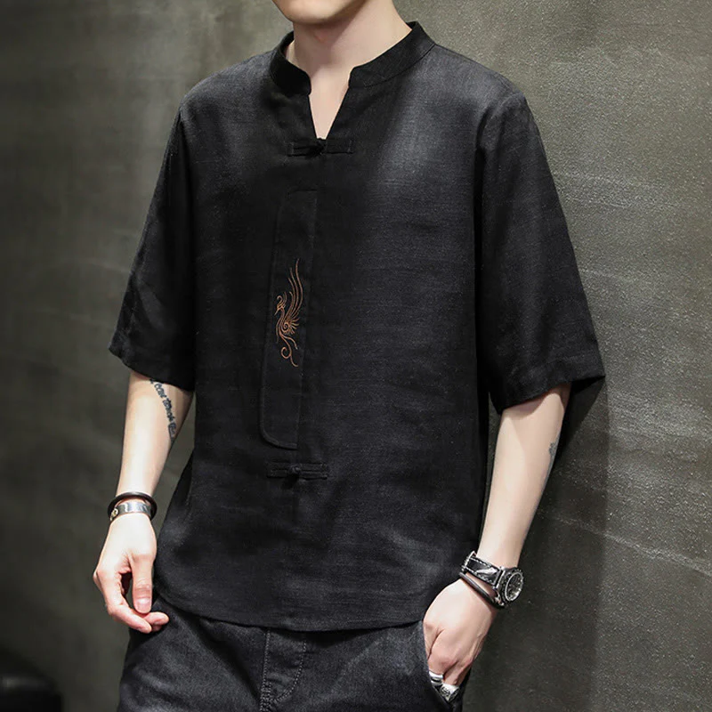 Buddha Stones Rana-Bottone Fenice Ricamo Cinese Tang Suit Camicia Manica Corta Cotone Lino Abbigliamento Uomo - Image 20
