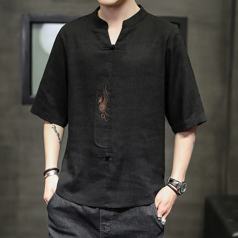 Buddha Stones Rana-Bottone Fenice Ricamo Cinese Tang Suit Camicia Manica Corta Cotone Lino Abbigliamento Uomo - Image 21