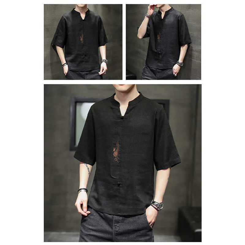 Buddha Stones Rana-Bottone Fenice Ricamo Cinese Tang Suit Camicia Manica Corta Cotone Lino Abbigliamento Uomo - Image 24